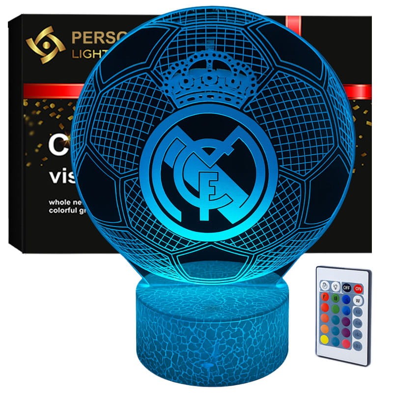 Lampka nocna 3D LED USB z herbem FC Real Madryt – idealna dekoracja i prezent dla fana piłki nożnej.
