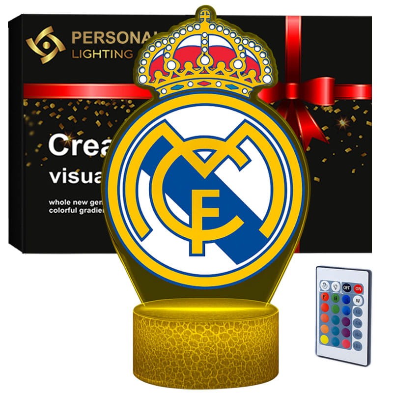 Lampka 3D LED USB z nadrukiem FC Real Madryt – biała podstawa, 16 kolorów światła i pilot w zestawie.