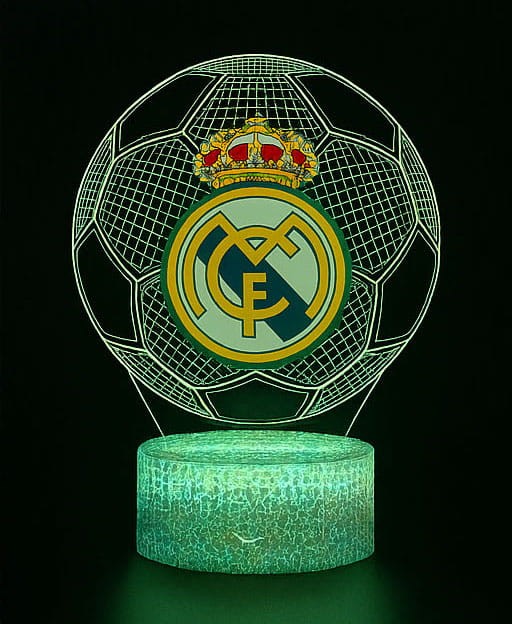 Lampka 3D LED z nadrukiem FC Real Madryt – elegancka dekoracja pokoju fana piłki nożnej.