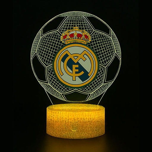 Lampka nocna USB FC Real Madryt z nadrukiem – 16 kolorów światła i nowoczesna biała podstawa.