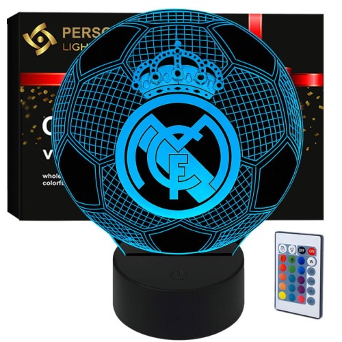Lampka nocna 3D LED USB z motywem piłki i herbem FC Real Madryt – idealny prezent dla kibica.