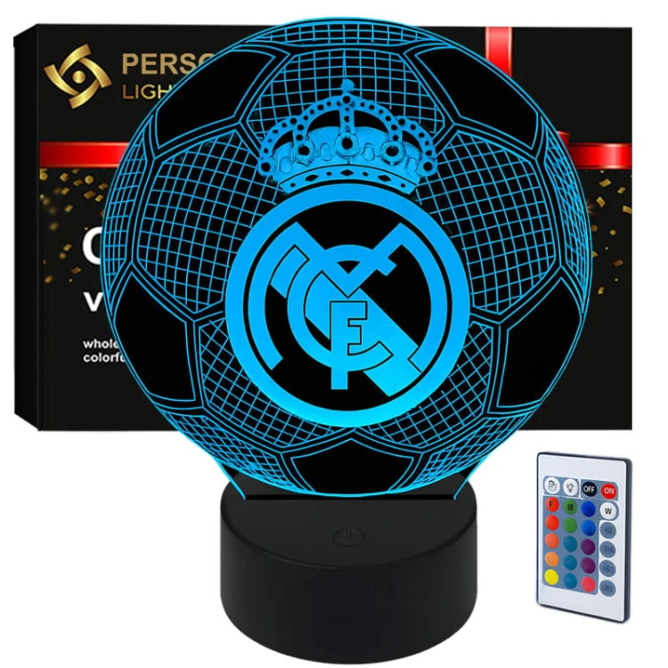 Lampka nocna 3D LED USB z motywem piłki i herbem FC Real Madryt – idealny prezent dla kibica.