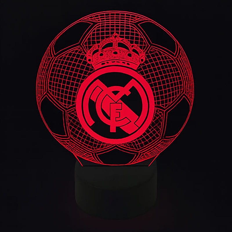 Lampka nocna 3D USB FC Real Madryt – efektowna lampa z piłką i herbem, 16 kolorów światła.