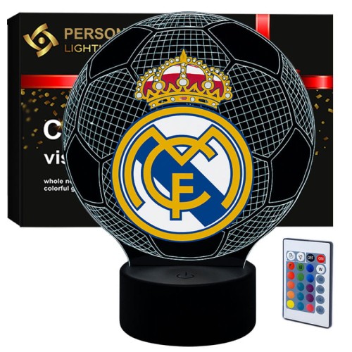 Lampka nocna 3D USB z nadrukiem FC Real Madryt – wyjątkowa dekoracja i prezent dla kibica piłki nożnej.