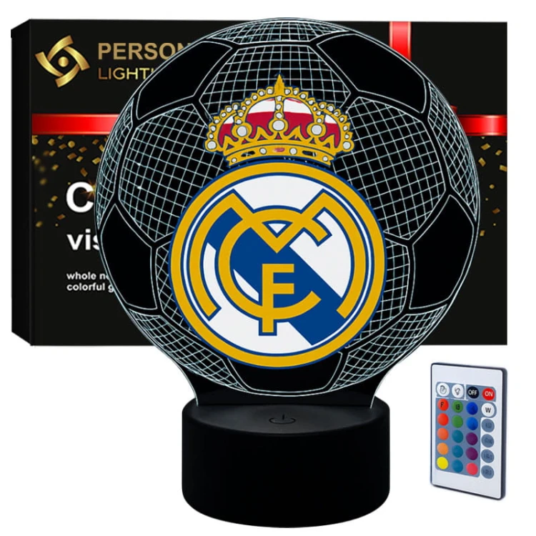 Lampka nocna 3D USB z nadrukiem FC Real Madryt – wyjątkowa dekoracja i prezent dla kibica piłki nożnej.