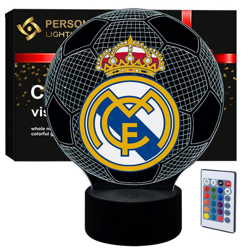 Lampka nocna 3D USB z nadrukiem FC Real Madryt – wyjątkowa dekoracja i prezent dla kibica piłki nożnej.