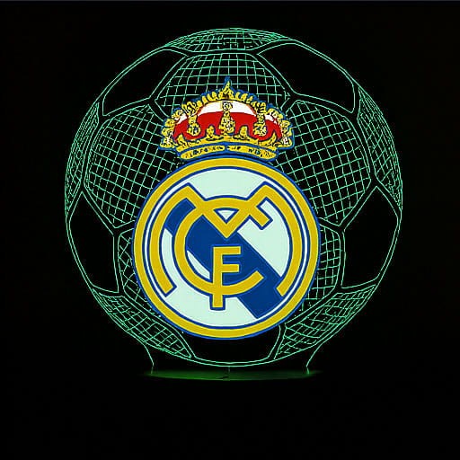 Lampka 3D Real Madryt z nadrukiem – nowoczesna lampa nocna z efektem przestrzennym i białą podstawą.