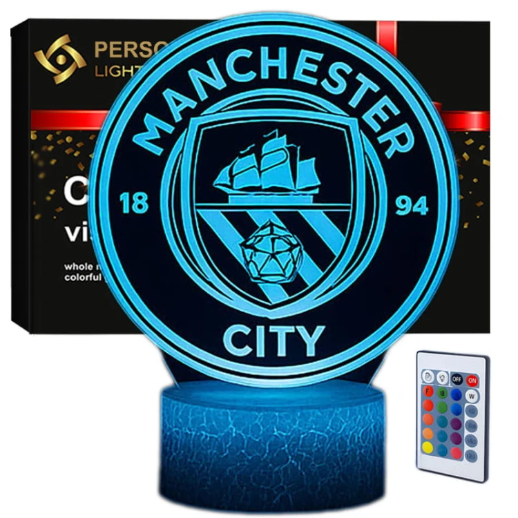 Lampka nocna 3D Manchester City – LED USB z pilotem, idealna dla kibica The Citizens.