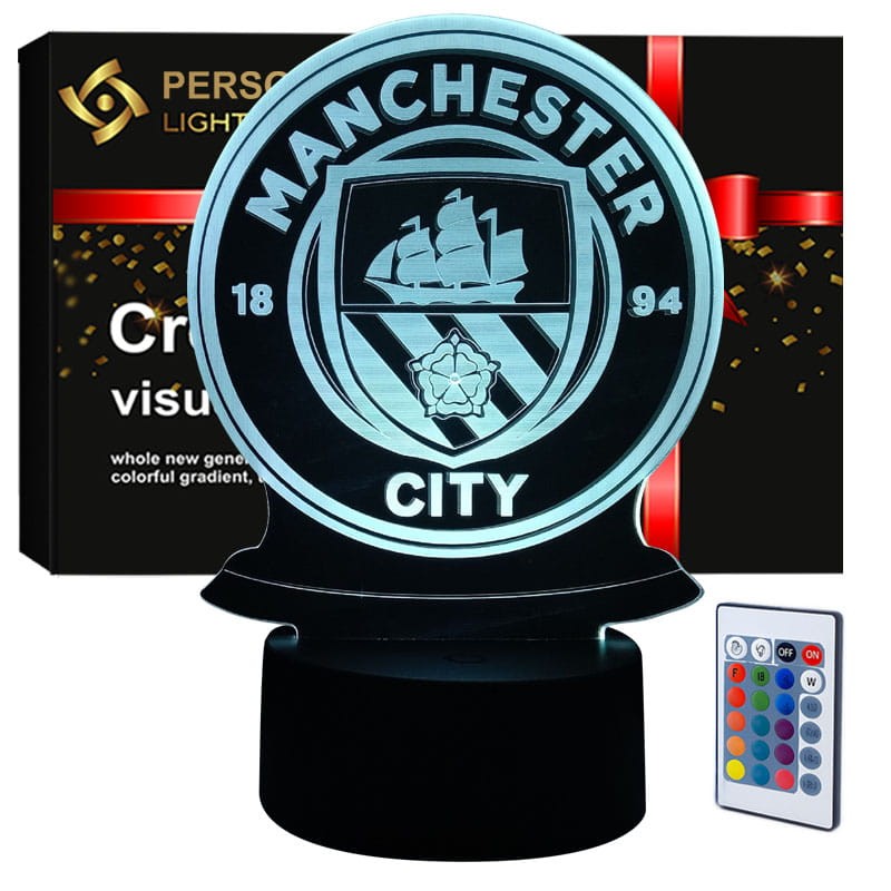 ampka nocna 3D LED USB z motywem piłki Manchester City, czarna podstawa i kolorowe podświetlenie.
