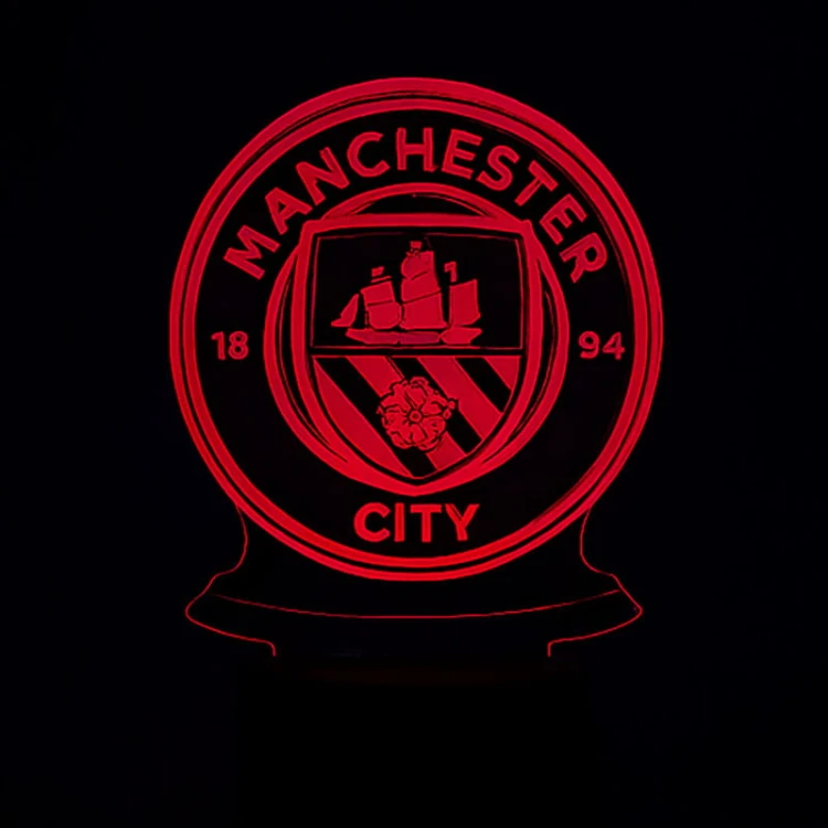 Lampka 3D LED Manchester City Ball w niebieskim podświetleniu, efekt przestrzennej iluminacji 3D.