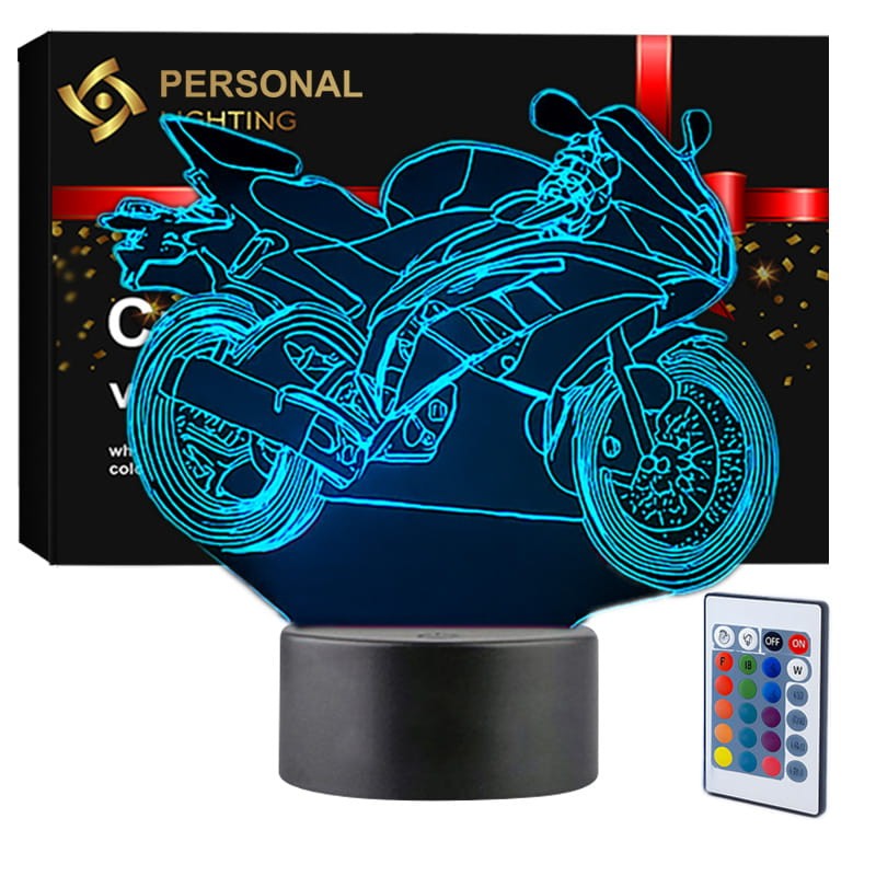Lampka nocna 3D LED USB z motywem motocykla cross, czarna podstawa i kolorowe podświetlenie.