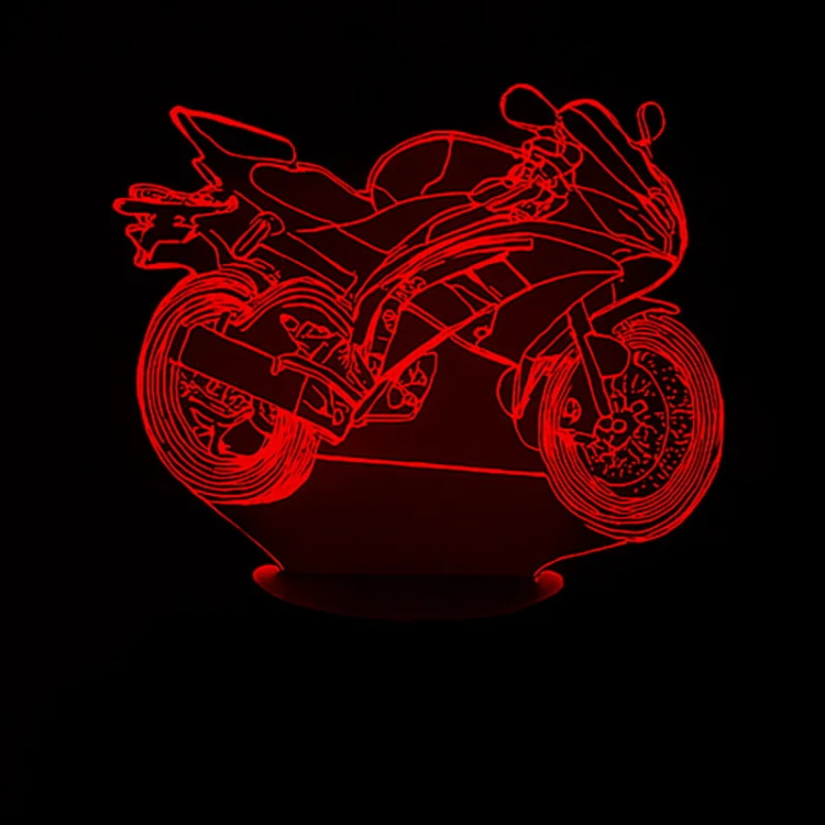 Lampka 3D LED motocykl cross w niebieskim świetle, efekt przestrzennej wizualizacji 3D.