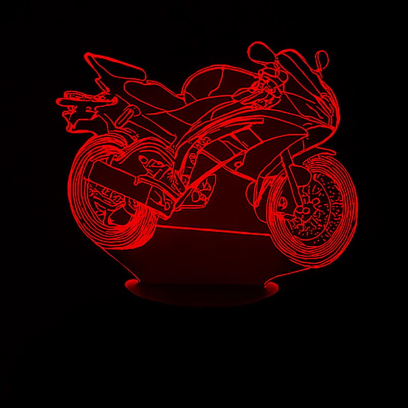 Lampka 3D LED motocykl cross w niebieskim świetle, efekt przestrzennej wizualizacji 3D.
