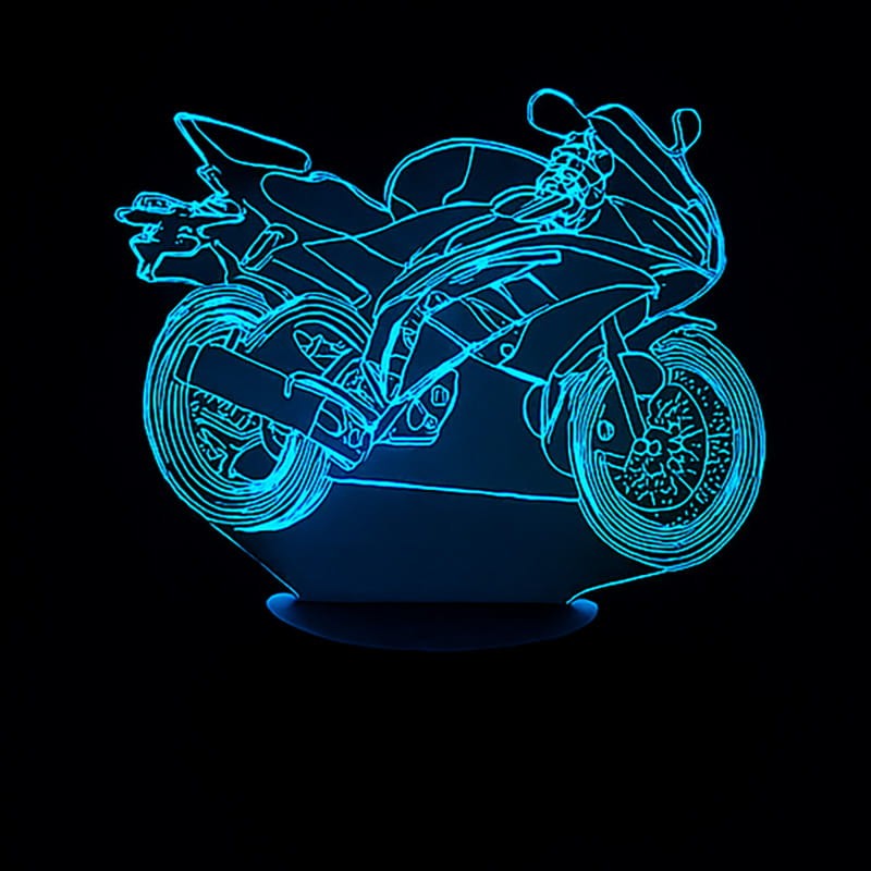 Zestaw lampki 3D LED Motocykl Cross z pilotem, czarną podstawą, kablem USB i pudełkiem prezentowym.
