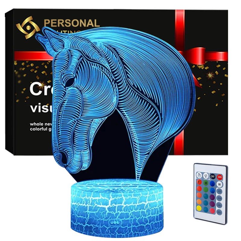 Lampka nocna 3D LED USB z motywem konia – biała podstawa i kolorowe podświetlenie LED.