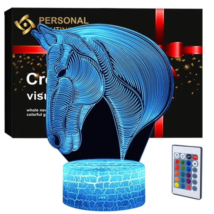 Lampka nocna 3D LED USB z motywem konia – biała podstawa i kolorowe podświetlenie LED.