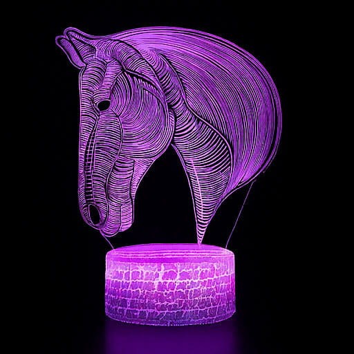 Lampka nocna 3D LED USB z motywem konia – biała podstawa i kolorowe podświetlenie LED.