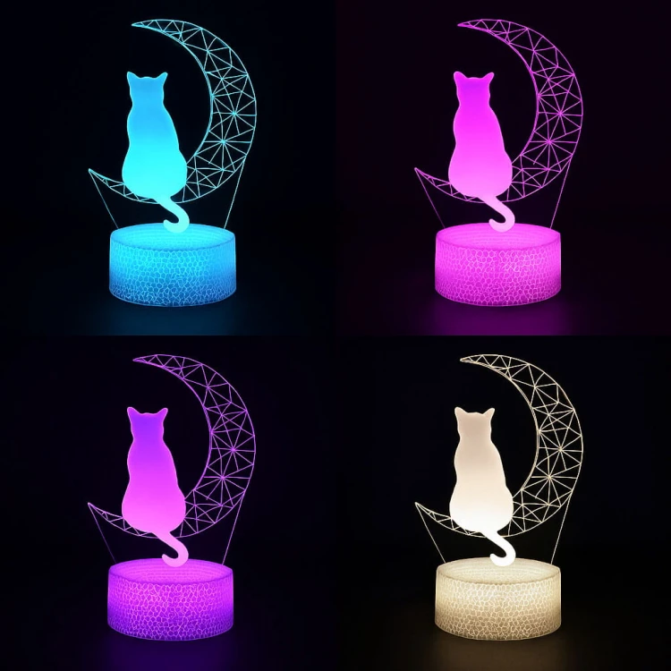 Personal 3D Lamp Kot – lampka LED USB z księżycem, pilotem i 16 kolorami podświetlenia.