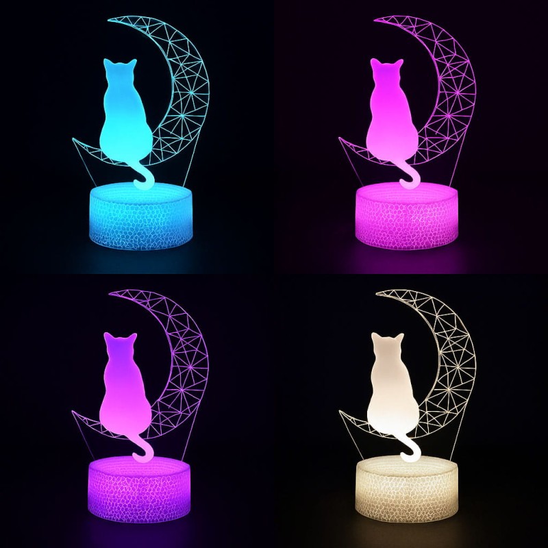Personal 3D Lamp Kot – lampka LED USB z księżycem, pilotem i 16 kolorami podświetlenia.
