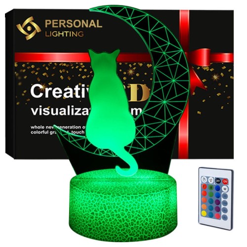 Lampka nocna 3D LED USB z motywem kota na księżycu – biała podstawa i kolorowe światło LED.