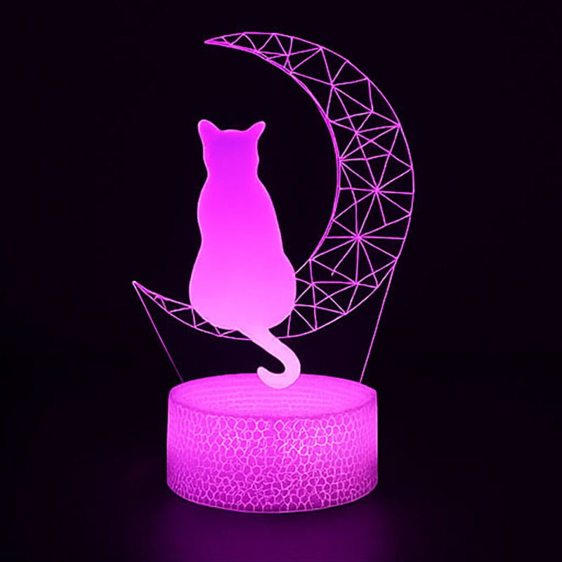 Lampka 3D LED Kotek na księżycu – urocza dekoracja nocna z białą podstawą i efektem 3D.
