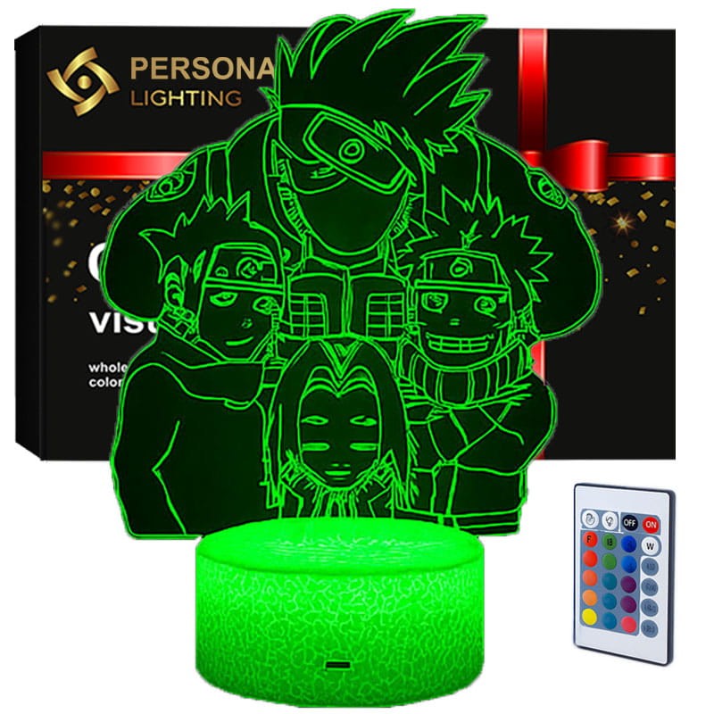 Lampka nocna 3D LED USB – Naruto Kakashi Anime Groups. Przestrzenny efekt 3D z bohaterami Naruto, Sasuke, Sakura i Kakashi. Idealny prezent dla fana anime i mangi.