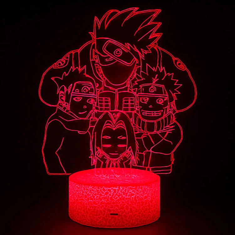 Lampka nocna 3D LED USB – Naruto Kakashi Anime Groups. Przestrzenny efekt 3D z bohaterami Naruto, Sasuke, Sakura i Kakashi. Idealny prezent dla fana anime i mangi.