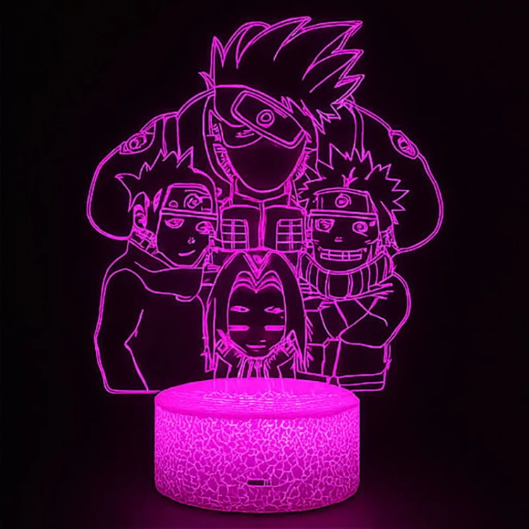Lampka nocna 3D LED USB – Naruto Kakashi Anime Groups. Przestrzenny efekt 3D z bohaterami Naruto, Sasuke, Sakura i Kakashi. Idealny prezent dla fana anime i mangi.
