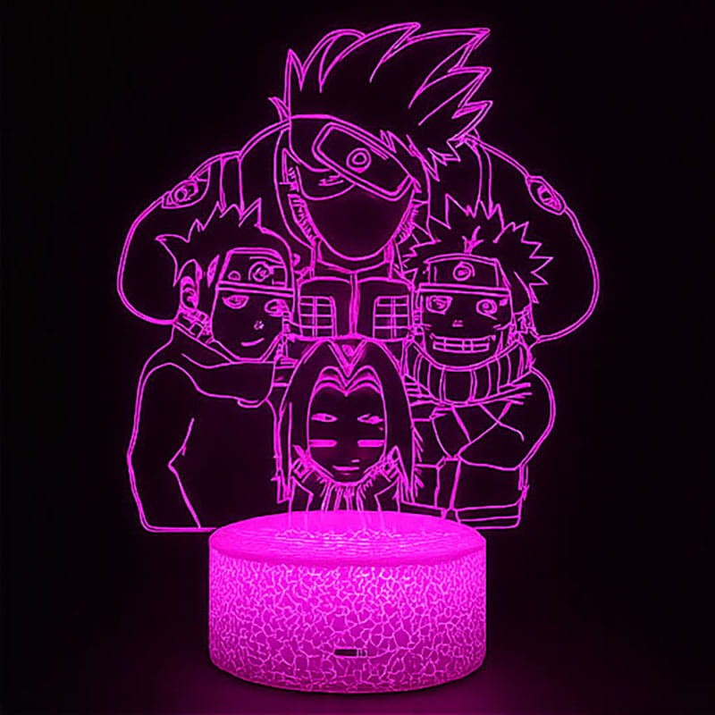 Lampka nocna 3D LED USB – Naruto Kakashi Anime Groups. Przestrzenny efekt 3D z bohaterami Naruto, Sasuke, Sakura i Kakashi. Idealny prezent dla fana anime i mangi.