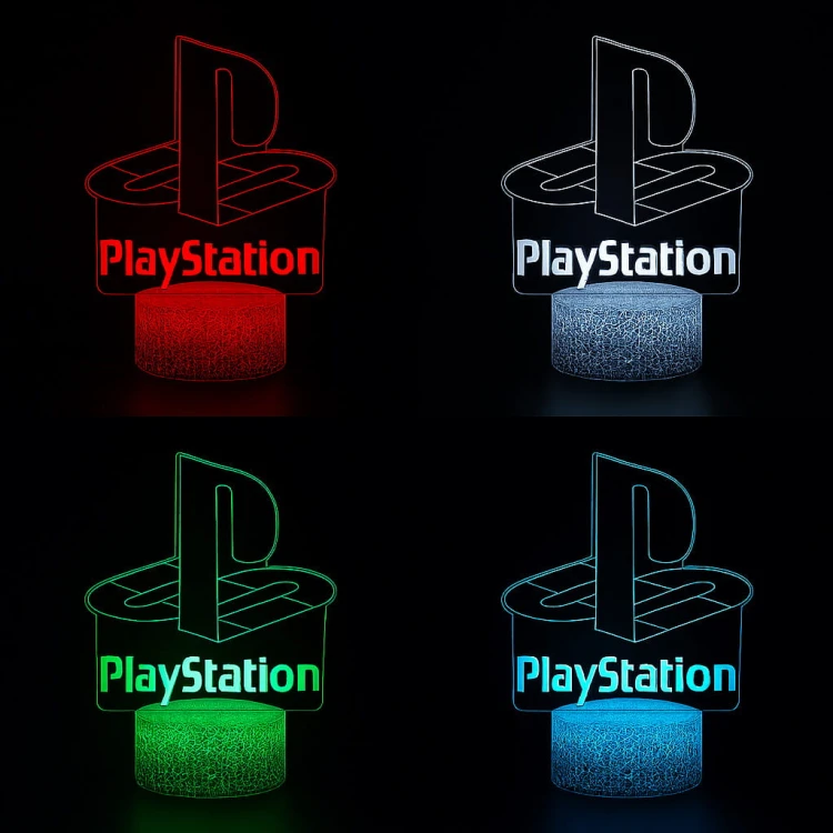 Lampka nocna 3D LED USB – PlayStation. Efektowny gadżet dla gracza z 16 kolorami światła, pilotem i zasilaniem USB. Idealny prezent dla fana gier i konsol.