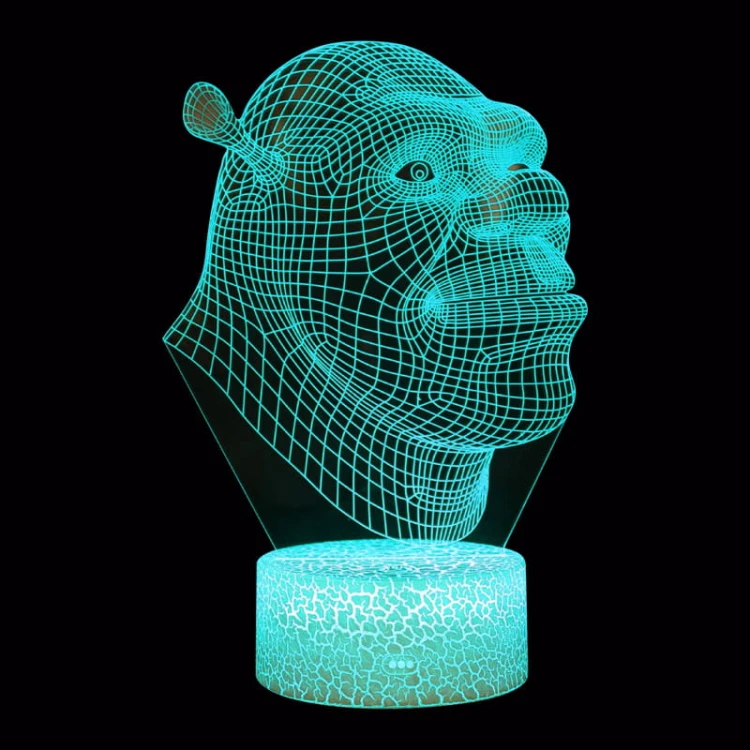 Lampka nocna 3D LED USB – Shrek. Kolorowa i bezpieczna lampka dla dzieci z bohaterem kultowej bajki. 16 kolorów, pilot i zasilanie USB – idealna dekoracja i prezent.