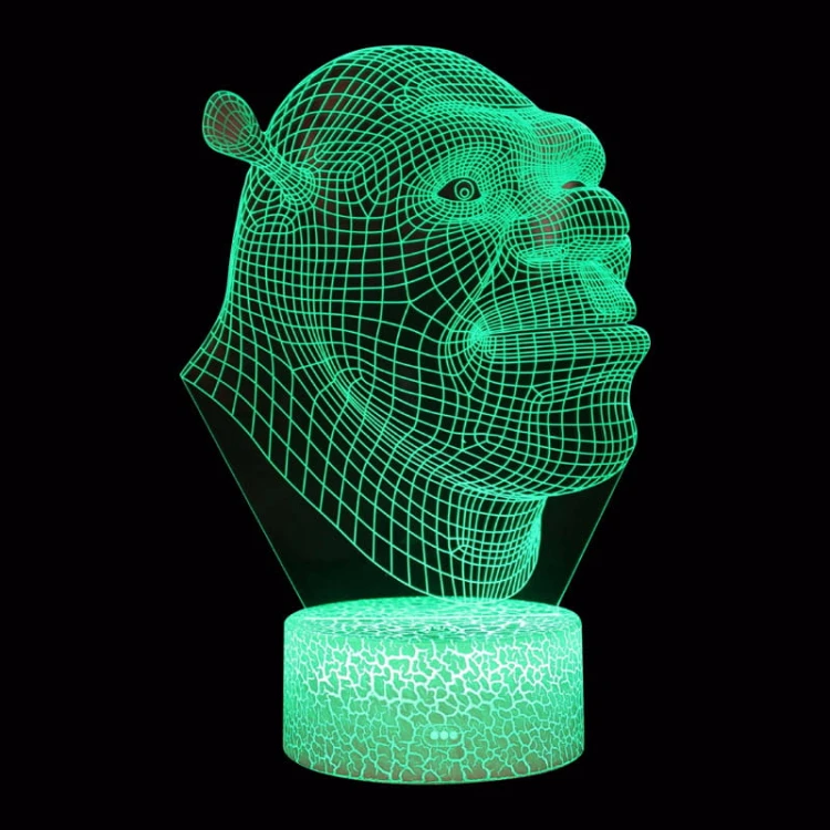 Lampka nocna 3D LED USB – Shrek. Kolorowa i bezpieczna lampka dla dzieci z bohaterem kultowej bajki. 16 kolorów, pilot i zasilanie USB – idealna dekoracja i prezent.