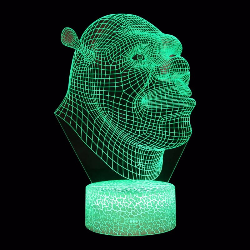 Lampka nocna 3D LED USB – Shrek. Kolorowa i bezpieczna lampka dla dzieci z bohaterem kultowej bajki. 16 kolorów, pilot i zasilanie USB – idealna dekoracja i prezent.
