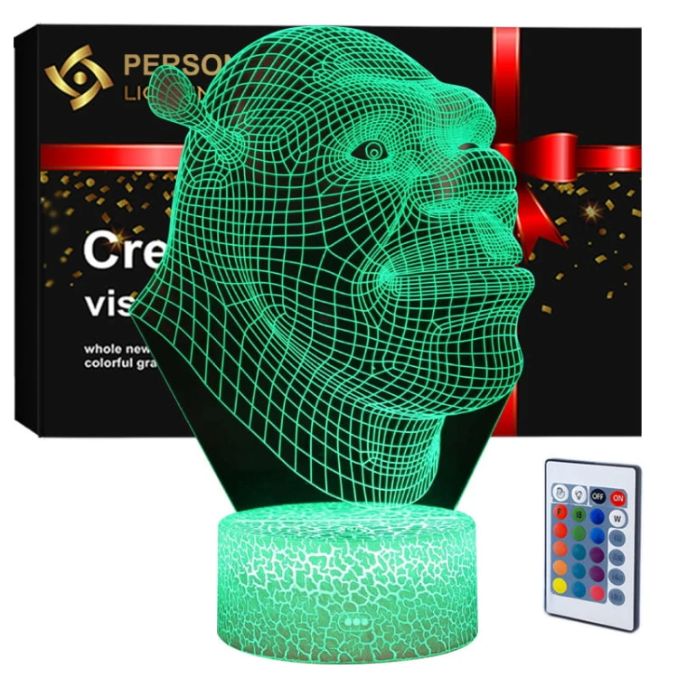 Lampka nocna 3D LED USB – Shrek. Kolorowa i bezpieczna lampka dla dzieci z bohaterem kultowej bajki. 16 kolorów, pilot i zasilanie USB – idealna dekoracja i prezent.