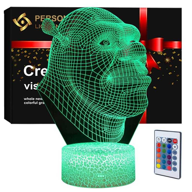 Lampka nocna 3D LED USB – Shrek. Kolorowa i bezpieczna lampka dla dzieci z bohaterem kultowej bajki. 16 kolorów, pilot i zasilanie USB – idealna dekoracja i prezent.