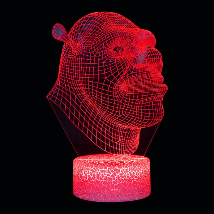 Lampka nocna 3D LED USB – Shrek. Kolorowa i bezpieczna lampka dla dzieci z bohaterem kultowej bajki. 16 kolorów, pilot i zasilanie USB – idealna dekoracja i prezent.