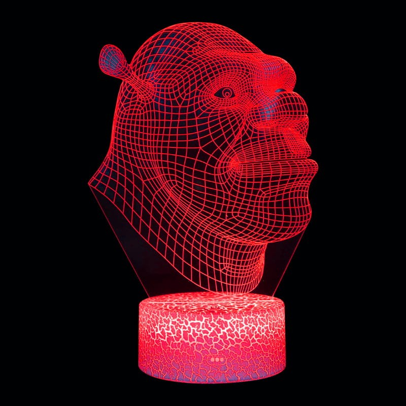 Lampka nocna 3D LED USB – Shrek. Kolorowa i bezpieczna lampka dla dzieci z bohaterem kultowej bajki. 16 kolorów, pilot i zasilanie USB – idealna dekoracja i prezent.