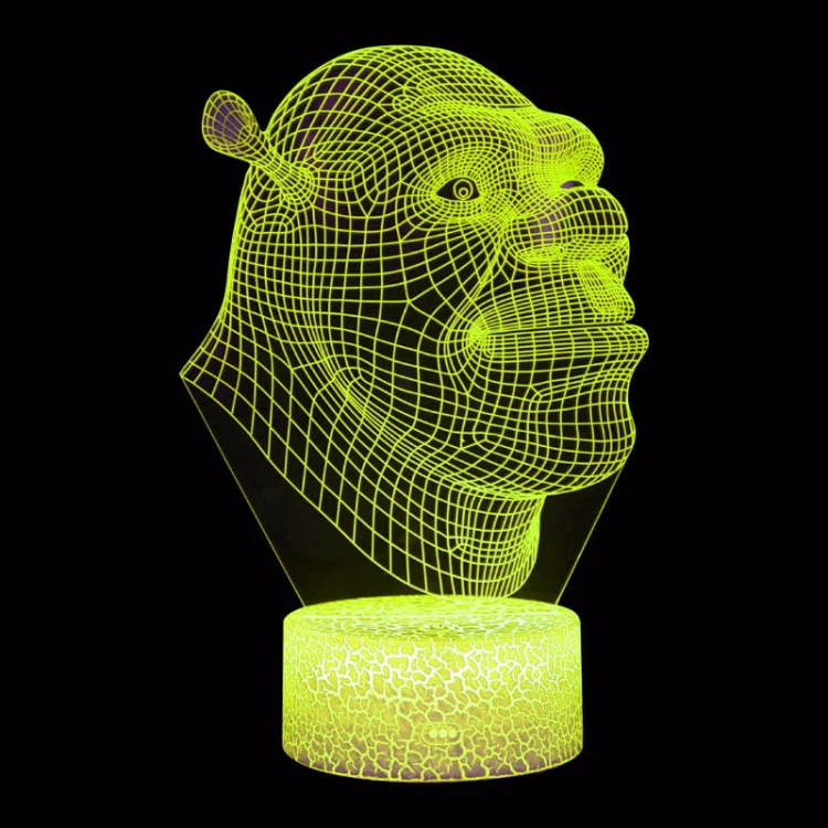 Lampka nocna 3D LED USB – Shrek. Kolorowa i bezpieczna lampka dla dzieci z bohaterem kultowej bajki. 16 kolorów, pilot i zasilanie USB – idealna dekoracja i prezent.
