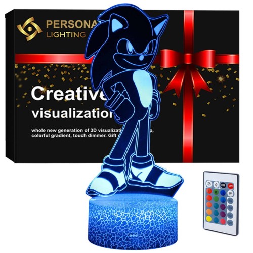 Lampka nocna 3D LED USB Mały Sonic z bajki. 16 kolorów światła, pilot i zasilanie USB. Idealna do pokoju dziecka.