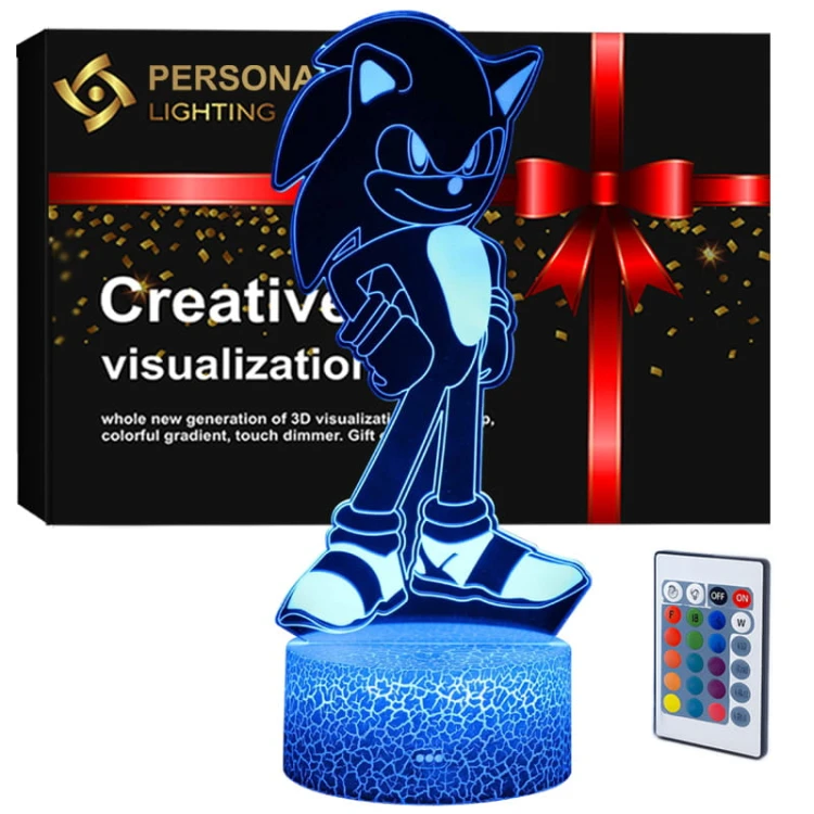 Lampka nocna 3D LED USB Mały Sonic z bajki. 16 kolorów światła, pilot i zasilanie USB. Idealna do pokoju dziecka.