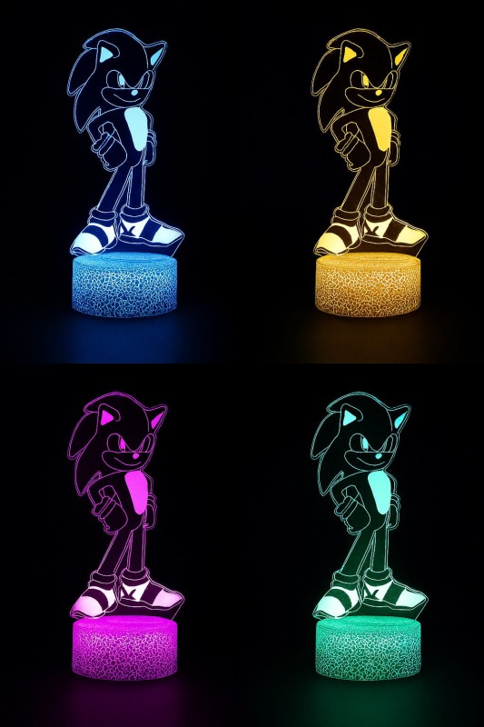 Lampka nocna 3D LED USB z pilotem – Mały Sonic z bajki. Kolorowa i bezpieczna lampka dla dzieci. 16 kolorów, pilot i zasilanie USB – idealny prezent dla małych fanów gier i animacji.