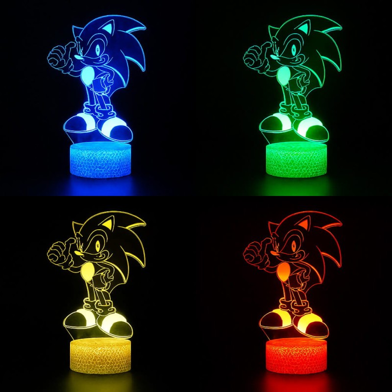 Lampka nocna 3D LED USB z pilotem – Mały Sonic z bajki. Kolorowa i bezpieczna lampka do pokoju dziecięcego. 16 kolorów, pilot i zasilanie USB – idealna dekoracja i prezent dla fana Sonica.