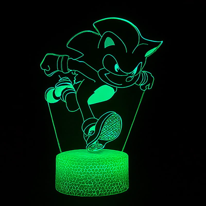 Lampka 3D LED z motywem Sonica – efektowna dekoracja dla dzieci, biała podstawa i efekt 3D.