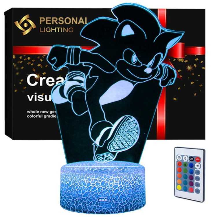 Lampka nocna 3D LED USB Mały Sonic z bajki – biała podstawa i kolorowe podświetlenie LED.