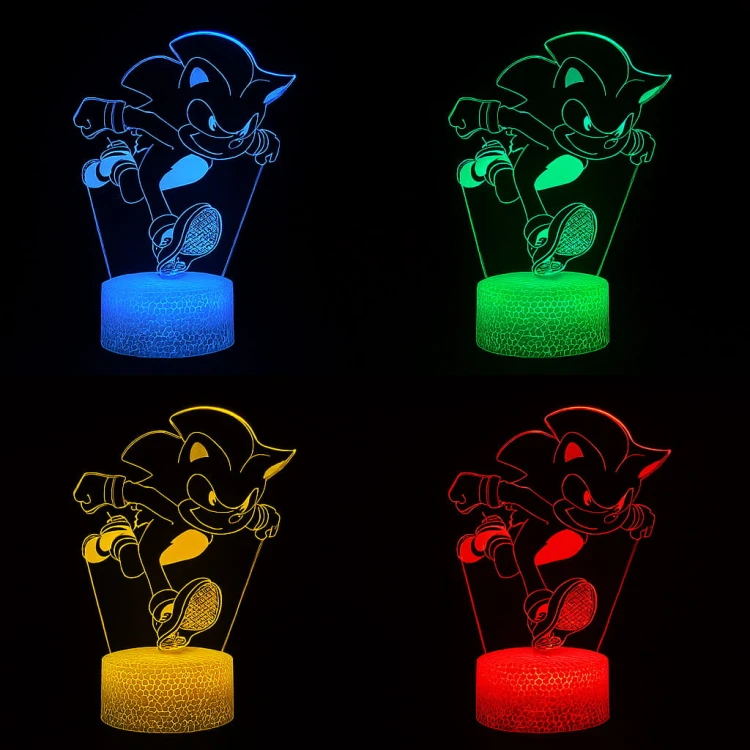 Lampka nocna 3D LED USB z pilotem – Mały Sonic z bajki. Kolorowa i bezpieczna lampka do pokoju dziecięcego. 16 kolorów, pilot i zasilanie USB – idealna dekoracja i prezent dla fana Sonica.