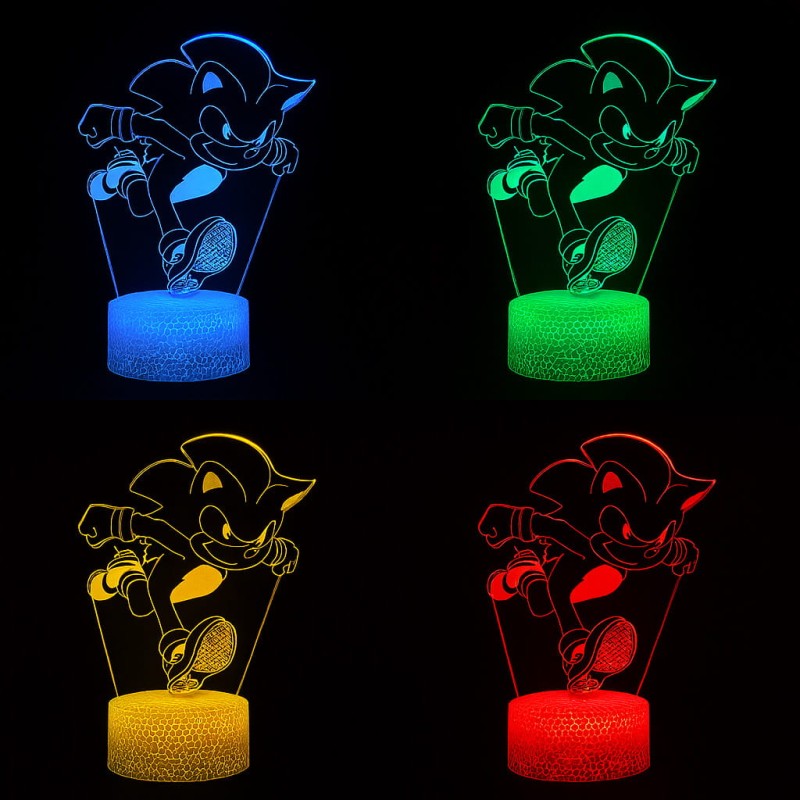 Lampka nocna 3D LED USB z pilotem – Mały Sonic z bajki. Kolorowa i bezpieczna lampka do pokoju dziecięcego. 16 kolorów, pilot i zasilanie USB – idealna dekoracja i prezent dla fana Sonica.