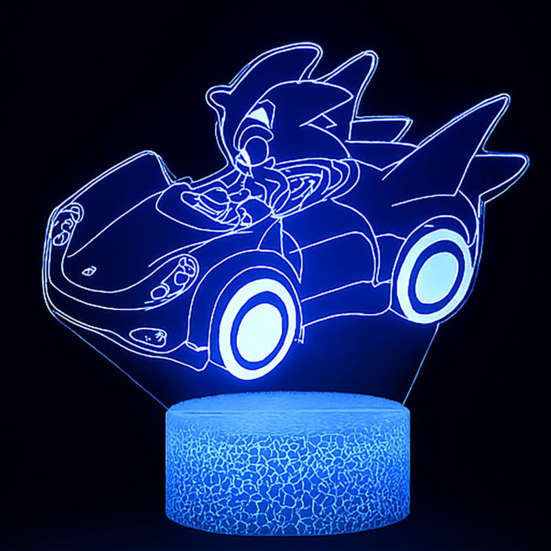 Lampka 3D LED USB z pilotem – Mały Sonic w samochodzie z bajki. Kolorowa, bezpieczna lampka nocna dla dzieci z efektem 3D. 16 kolorów światła, pilot i zasilanie USB – idealny prezent dla fana Sonica.