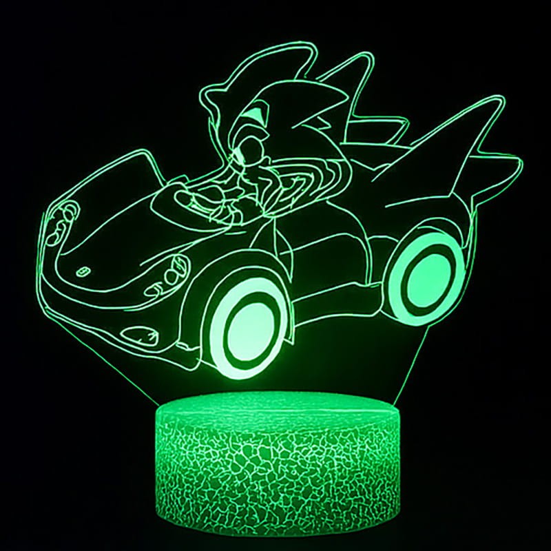 Lampka 3D LED USB z pilotem – Mały Sonic w samochodzie z bajki. Kolorowa, bezpieczna lampka nocna dla dzieci z efektem 3D. 16 kolorów światła, pilot i zasilanie USB – idealny prezent dla fana Sonica.