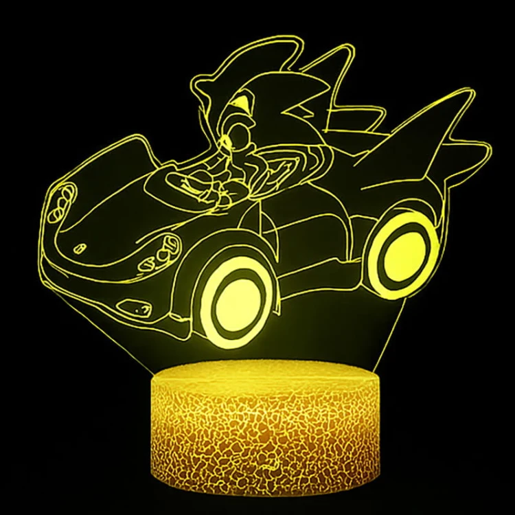 Lampka 3D LED USB z pilotem – Mały Sonic w samochodzie z bajki. Kolorowa, bezpieczna lampka nocna dla dzieci z efektem 3D. 16 kolorów światła, pilot i zasilanie USB – idealny prezent dla fana Sonica.