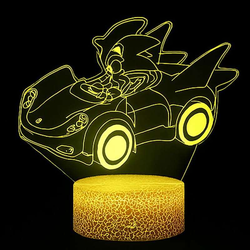 Lampka 3D LED USB z pilotem – Mały Sonic w samochodzie z bajki. Kolorowa, bezpieczna lampka nocna dla dzieci z efektem 3D. 16 kolorów światła, pilot i zasilanie USB – idealny prezent dla fana Sonica.